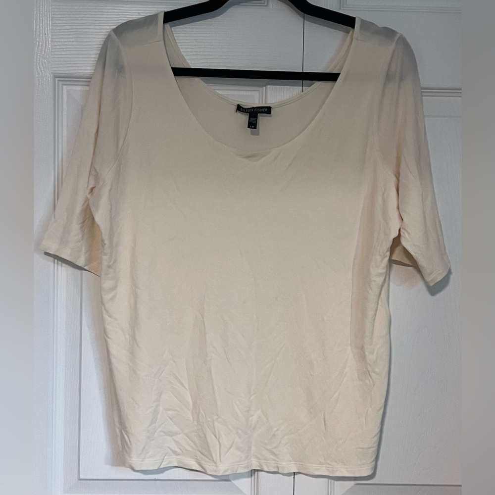 Women's Eileen Fisher Cream V-Neck Short Sleeve Silk Top